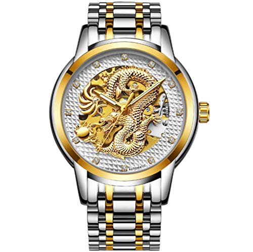 Armbanduhren,Edelstahl Wasserdicht Automatische Mechanische Drachenuhr, Stahl Gold Weiß von Haonb