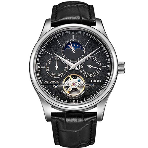 Armbanduhren,Mechanische Tourbillon Luxury Fashion Leder Herren Sportuhren Herren Automatikuhr, Silber Schwarz von Haonb