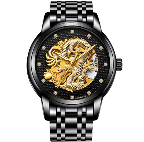 Armbanduhren,wasserdichte Automatische Mechanische Drachenuhr Aus Edelstahl, Stahl, Ganz In Schwarzgold von Haonb