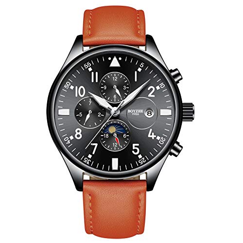 Haonb Herrenuhren Sportgeschäft Leuchtende Tourbillon Automatische Mechanische Lederuhr,Blau-Faced Schwarz-Shell Orange Gürtel von Haonb