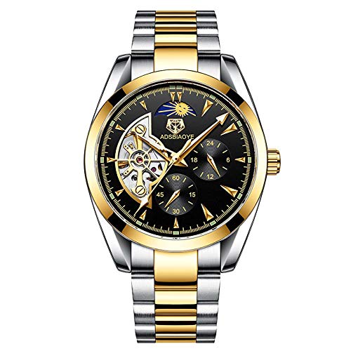 Smartwatches,Tourbillon Mondphase wasserdichte 6-Polige Mechanische Multifunktionsuhr Mit Leuchtender Automatischer Herrenuhr, Goldenes Und Schwarzes Zifferblatt von Haonb