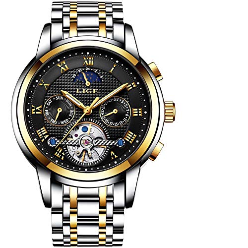 Haonb Smartwatches,Tourbillon Multifunktions-Wellblechgürtel Automatische Mechanische wasserdichte Freizeituhr Stahlgürtel Gold Schwarz von Haonb