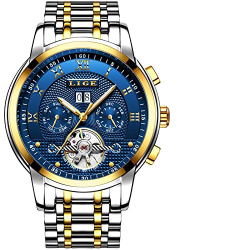 Smartwatches,Tourbillon Multifunktionsmatte Mit Automatischer Mechanischer Wasserdichter Freizeituhr Stahlgürtel Goldblau von Haonb