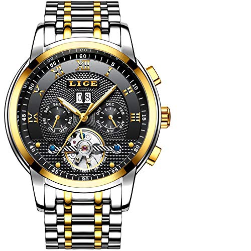 Smartwatches,Tourbillon Multifunktionsmatte Oberfläche Automatische Mechanische wasserdichte Freizeituhr Stahlgürtel Gold Schwarz von Haonb