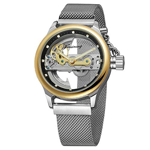 Smartwatches,Wasserdichtes Stahlgitter Mit Doppelt Öffnender Mechanischer Automatikuhr Gehäuse Aus Gold Mit Schwarzem Zifferblatt von Haonb