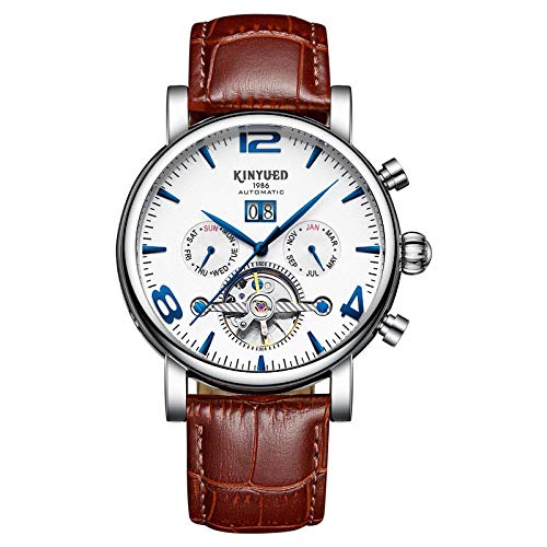 Smartwatches Automatische Tourbillon Lederarmbanduhr Skeleton Mechanical Watch, Silbergehäuse Weiß von Haonb