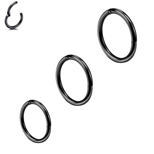 3 Stk 6/8/10mm 16G Edelstahl Nasenring schwarz Damen Herren Septum Clicker Ring Nasenring Set Ohr Lippen Nasenpiercing Lippenpiercing Knorpel Creolen für Männer Frauen von Haosell