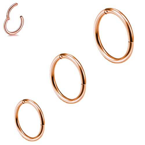 3 Stk 8/10/12mm 16G Edelstahl Nasenring rosegold Damen Herren Septum Clicker Ring Nasenring Set Ohr Lippen Nasenpiercing rosegold Lippenpiercing Knorpel Creolen für Männer Frauen von Haosell