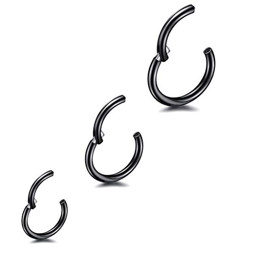 3 Stk 8/10/12mm 16G Edelstahl Nasenring schwarz Damen Herren Septum Clicker Ring Nasenring Set Ohr Lippen Nasenpiercing Lippenpiercing Knorpel Creolen für Männer Frauen von Haosell