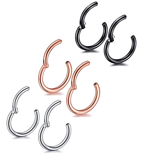 6 Stk 10mm Edelstahl Nasenring schwarz rosegold silber 16G Septum Clicker Ring Damen Herren Nasenring Set Ohr Lippen Nasenpiercing Lippenpiercing Knorpel Creolen für Männer Frauen von Haosell