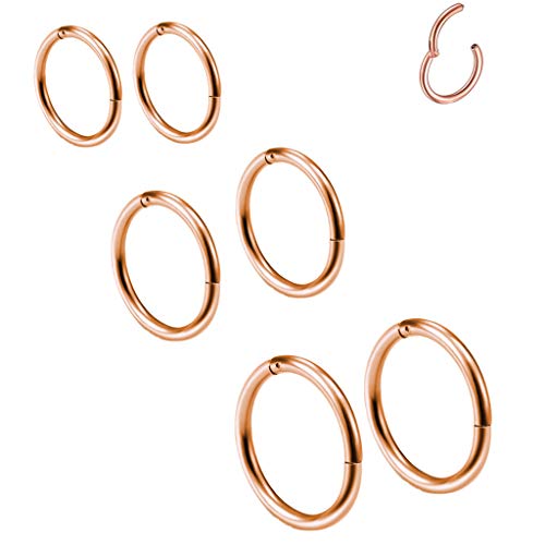 6 Stk 8/10/12mm 16G Edelstahl Nasenring rosegold Damen Herren Septum Clicker Ring Nasenring Set Ohr Lippen Nasenpiercing rosegold Lippenpiercing Knorpel Creolen für Männer Frauen von Haosell