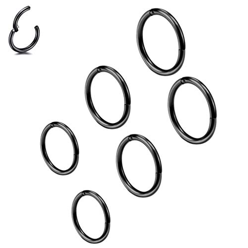 6 Stk 8/10/12mm 16G Edelstahl Nasenring schwarz Damen Herren Septum Clicker Ring Nasenring Set Ohr Lippen Nasenpiercing Lippenpiercing Knorpel Creolen für Männer Frauen von Haosell