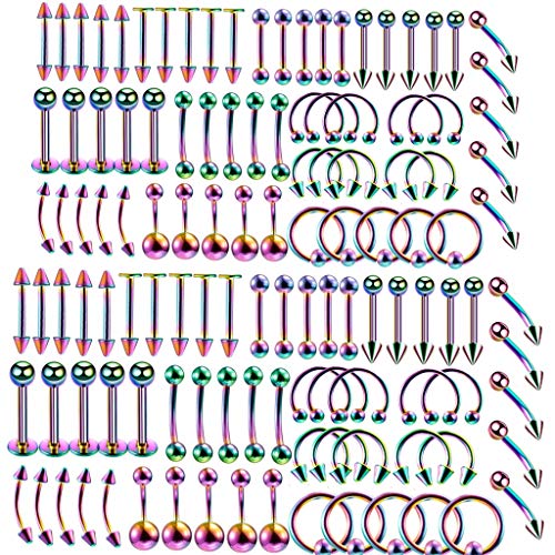 Bunt Piercing Set damen herren 120x Edelstahl Mix Körperschmuck Studs Barbells bunt Bananabells für Ohr schwarz Lippe Nase Zunge Bauchnabel Augenbrauen Nippel bunt Piercing Ring Punk1.2*8mm,1.2*10 von Haosell