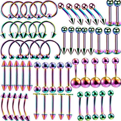 Bunt Piercing Set damen herren 60x Edelstahl Mix Körperschmuck Regenbogenfarben Studs Barbells bunt Bananabells für Ohr schwarz Lippe Nase Zunge Bauchnabel Nippel Piercing Ring Punk 1.2 * 8mm von Haosell