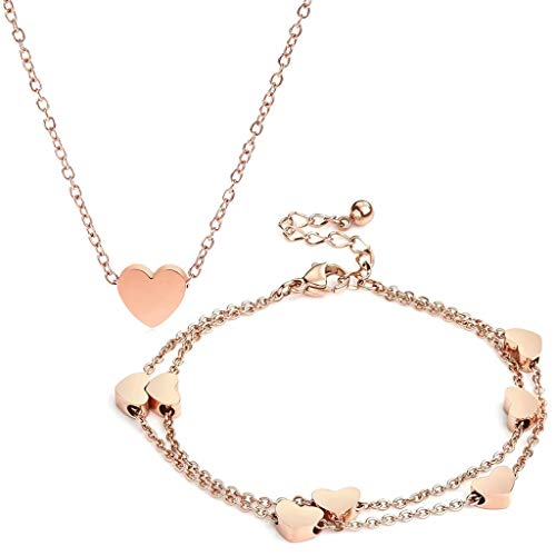 Rosegold Herzen Damen Armband Layered Mit Anhängern + Halskette für Frauen - Armkette Mit Giftbox von Haosell