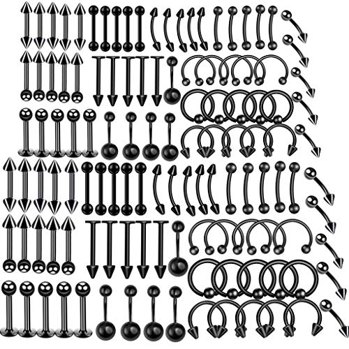 Schwarz Piercing Set damen herren 120x Edelstahl Mix Körperschmuck Studs Barbells schwarz Bananabells für Ohr Lippe Nase Zunge Bauchnabel Augenbrauen Nippel schwarz Piercing Ring Punk 1.2*8mm,1.2*10 von Haosell