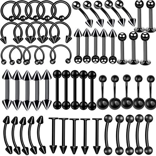 Schwarz Piercing Set damen herren 60 x Edelstahl Mix Körperschmuck Studs Barbells schwarz Bananabells für Ohr Lippe Nase Zunge Bauchnabel Augenbrauen Nippel schwarz Piercing Ring Punk 1.2 * 10mm (10) von Haosell