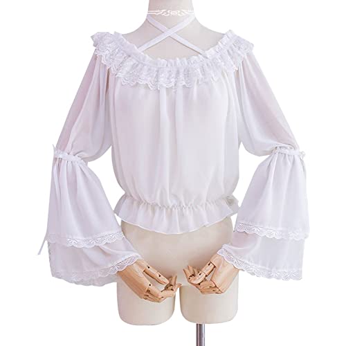 Haowul Frauen Lolita Chiffon Bluse Crop Flare Spitze Langarmes Halfterhalter -unterhemd Plissierte Rüschen Gekräuselt Von Schulterhemd von Haowul