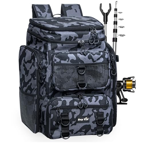42L Angelrucksack mit 2 Rod Holder Multi-Tasche Große Angeltasche Ausrüstung Zubehör mit Abnehmbarem Separator Vatertag Weihnachten Männer Geschenke (FB-2308-CM-EU) von Hap Tim