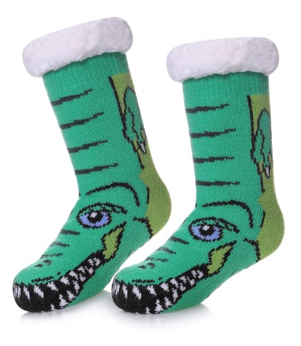 HapiLeap Kuschelsocken Kinder Slipper Socken Jungen Mädchen Hausschuh Socken Weiche Dicke Fleece Gefüttert Weihnachtsstrümpfe Kleinkind (Green Crocodile (3-5 Jahre)) von HapiLeap