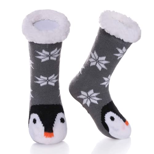 HapiLeap Kuschelsocken Kinder Slipper Socken Jungen Mädchen Hausschuh Socken Weiche Dicke Fleece Gefüttert Weihnachtsstrümpfe Kleinkind (Penguin (3-5 Jahre)) von HapiLeap