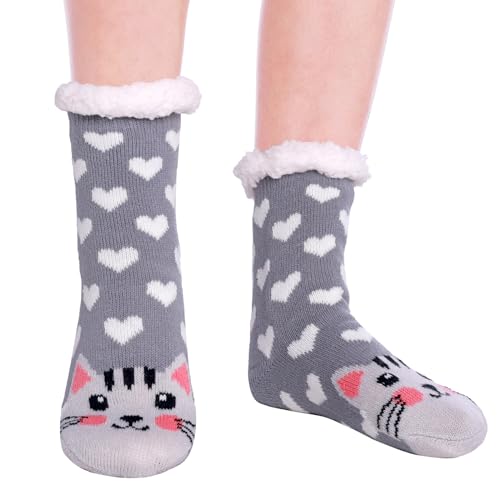 HapiLeap Kindersocken für Jungen und Mädchen Niedliche Tiersocken Weich Flauschig Warm Dick mit Fleece Gefüttert Weihnachtsstrümpfe für Kinder (3-5 Jahre, Grey Cat) von HapiLeap