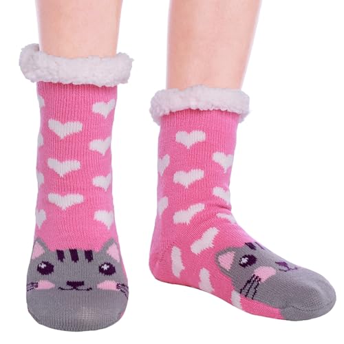 HapiLeap Kindersocken für Jungen und Mädchen Niedliche Tiersocken Weich Flauschig Warm Dick mit Fleece Gefüttert Weihnachtsstrümpfe für Kinder (3-5 Jahre, Pink Cat) von HapiLeap