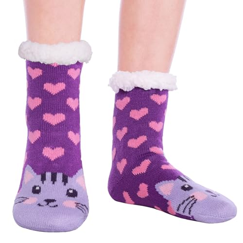 HapiLeap Kindersocken für Jungen und Mädchen Niedliche Tiersocken Weich Flauschig Warm Dick mit Fleece Gefüttert Weihnachtsstrümpfe für Kinder (3-5 Jahre, Purple Cat) von HapiLeap