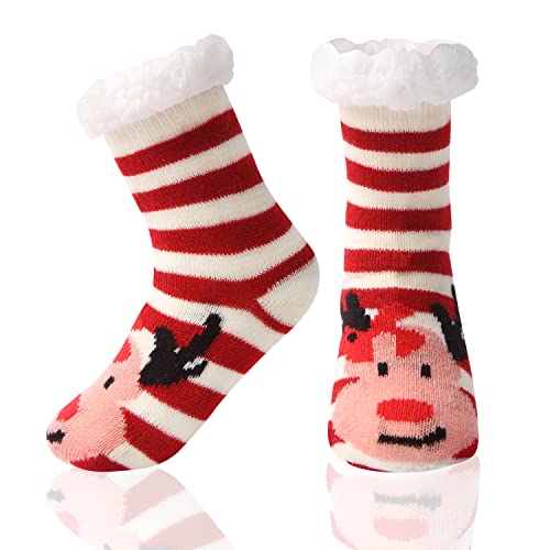 HapiLeap Kindersocken für Jungen und Mädchen Niedliche Tiersocken Weich Flauschig Warm Dick mit Fleece Gefüttert Weihnachtsstrümpfe für Kinder (3-5 Jahre, Red Elk) von HapiLeap