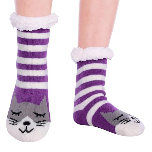 HapiLeap Kindersocken für Jungen und Mädchen Niedliche Tiersocken Weich Flauschig Warm Dick mit Fleece Gefüttert Weihnachtsstrümpfe für Kinder (3-5 Jahre, Stripe Purple Cat) von HapiLeap