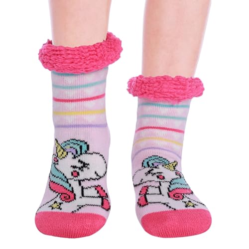 HapiLeap Kindersocken für Jungen und Mädchen Niedliche Tiersocken Weich Flauschig Warm Dick mit Fleece Gefüttert Weihnachtsstrümpfe für Kinder (3-5 Jahre, Unicorn) von HapiLeap