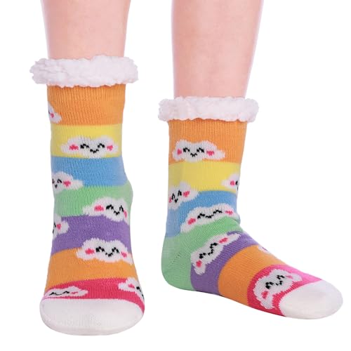 HapiLeap Kindersocken für Jungen und Mädchen Niedliche Tiersocken Weich Flauschig Warm Dick mit Fleece Gefüttert Weihnachtsstrümpfe für Kinder (5-8 Jahre, White Cloud) von HapiLeap