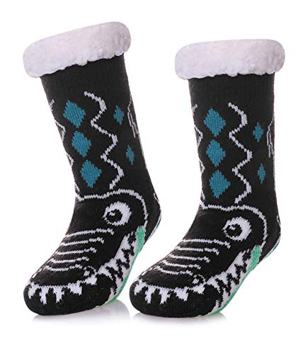 HapiLeap Kuschelsocken Kinder Slipper Socken Jungen Mädchen Hausschuh Socken Weiche Dicke Fleece Gefüttert Weihnachtsstrümpfe Kleinkind (Black Crocodile (5-8 Jahre)) von HapiLeap