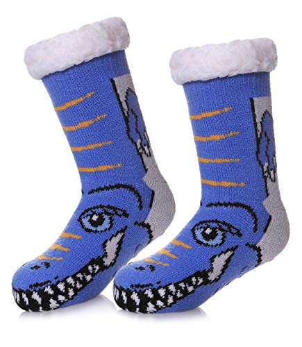 HapiLeap Kuschelsocken Kinder Slipper Socken Jungen Mädchen Hausschuh Socken Weiche Dicke Fleece Gefüttert Weihnachtsstrümpfe Kleinkind (Blue Crocodile (3-5 Jahre)) von HapiLeap