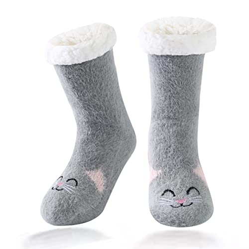 HapiLeap Kuschelsocken Kinder Slipper Socken Jungen Mädchen Hausschuh Socken Weiche Dicke Fleece Gefüttert Weihnachtsstrümpfe Kleinkind (Cat (3-5 Jahre)) von HapiLeap