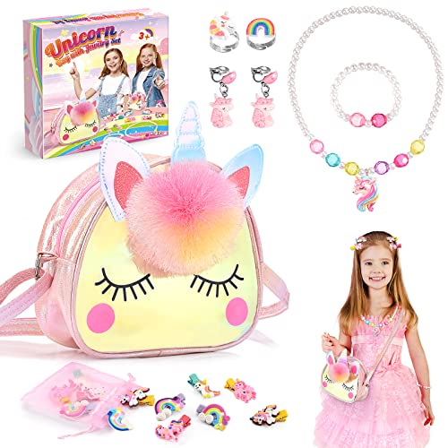 Hapikids Einhorn Geschenke für Mädchen 2 3 4 5 6 Jahre Einhorn Spielzeug ab 4 Jahre Mädchen Kinderschmuck Set Handtasche Schmuckset Prinzessin Ankleiden Geburtstagsgeschenk für Party Dress Up Geschenk von Hapikids