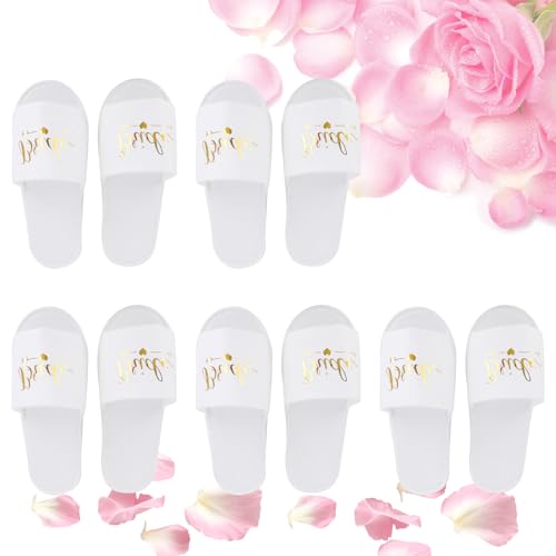 5 Paar Hochzeits Hausschuhe, Tragbare Braut Hausschuhen Party Pantoffeln Damen Offen Zehen JGA Spa Hausschuhe Einweg Slipper für Gäste, Hotelreisen, Einheitsgröße, Weiß(Braut-1) von Hapivida