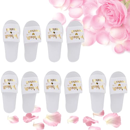 5 Paar Hochzeits Hausschuhe, Tragbare Braut Hausschuhen Party Pantoffeln Damen Offen Zehen JGA Spa Hausschuhe Einweg Slipper für Gäste, Hotelreisen, Einheitsgröße, Weiß(Brautjungfer-1) von Hapivida