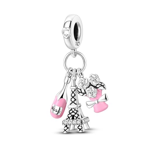 Hapour 925 Sterling Silber Charms für Armbänder und Halsketten – Eiffelturm-Charm mit rosa Rose Liebesherz Hochzeitsperlen Schmuck Geschenke für von Hapour