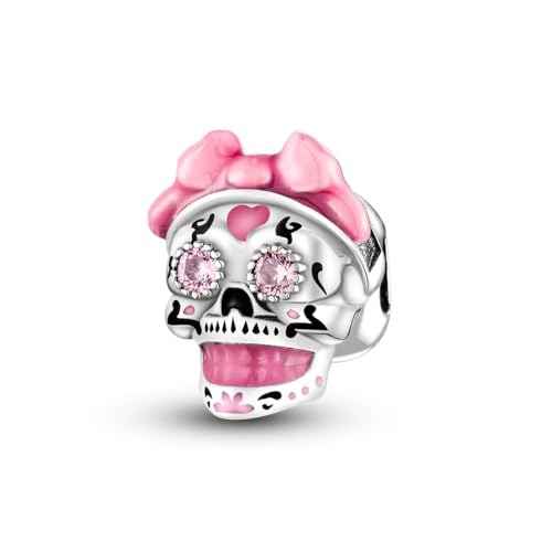 Hapour 925 Sterling Silber Halloween-Charms für Armbänder Halsketten, Totenkopf Skelett Rosa Charm-Anhänger Perlen Schmuck Geschenk für Frauen Familie Freunde von Hapour