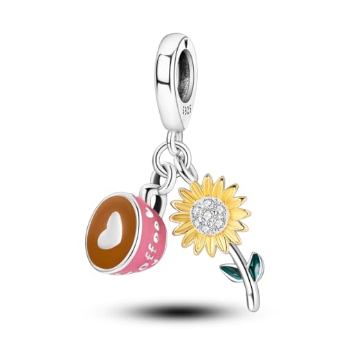 Hapour Charm-Anhänger mit Kaffeetasse und Sonnenblume, Herz-Anhänger, Perlen-Charms für Halsketten, Frauen und Mädchen, Schmuckgeschenk, aus Sterlingsilber, Zirkonia und Emaille von Hapour