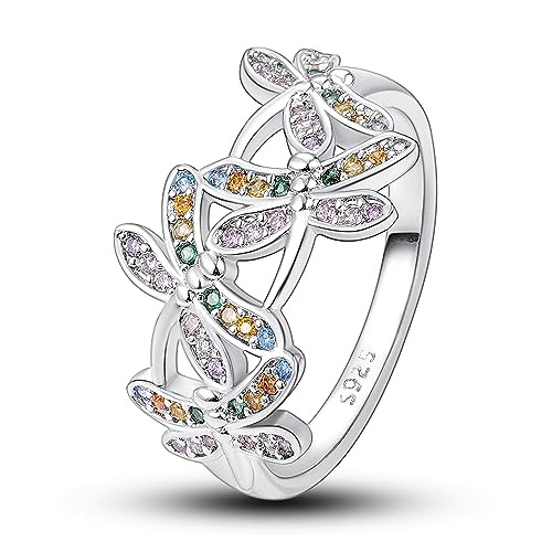 Hapour Ring aus 925er Sterlingsilber mit buntem Zirkonia Regenbogen-Libellenringe für Frauen und Mädchen als Geschenk Ringgröße 9 von Hapour