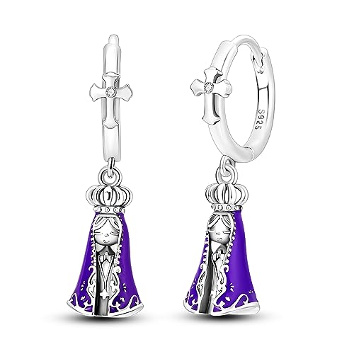 Huggie-Ohrringe aus 925er-Sterlingsilber für Damen - baumelnde Creolen mit Anhängern der Jungfrau Maria, hypoallergene Halloween-Ohrringe, handgefertigter Schmuck von Hapour