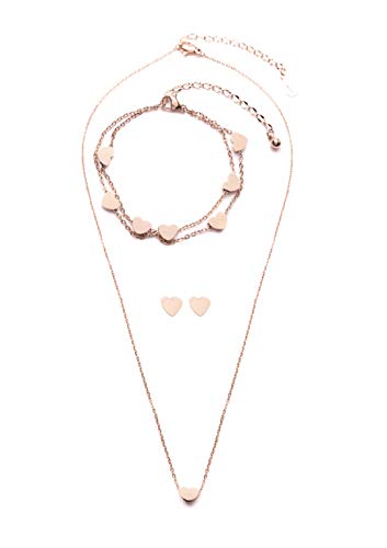 Happiness Boutique Damen Feines Schmuckset Roségold | Herz Ohrringe Filigrane Kette mit Herzanhänger und Mehrreihiges Armband 3-teiliges Set von Happiness Boutique