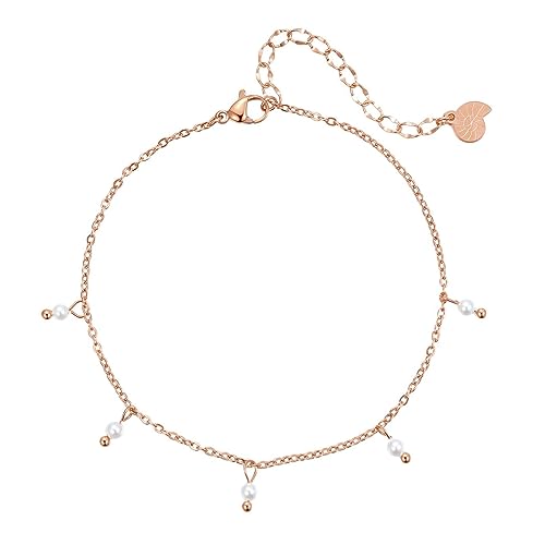 Happiness Boutique Damen Fußkettchen mit Perlen Anhängern aus Edelstahl | Wasserfeste Fußkette mit Perle-Charms in Gold - Rosegold, Silber | Verstellbares Perlen Fusskettchen von Happiness Boutique