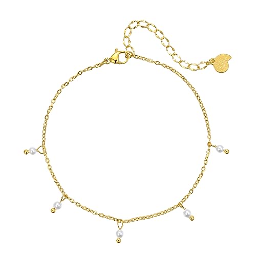 Happiness Boutique Damen Fußkettchen mit Perlen Anhängern aus Edelstahl | Wasserfeste Fußkette mit Perle-Charms in Gold - Rosegold, Silber | Verstellbares Perlen Fusskettchen von Happiness Boutique