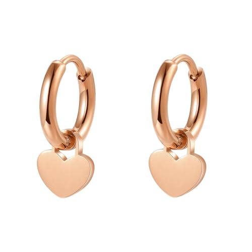 Happiness Boutique Damen Herz Huggie Ohrringe | Kleine Hoop Ohrringe mit Herzanhänger | Edelstahlohrringe in Gold – Roségold, Silber von Happiness Boutique