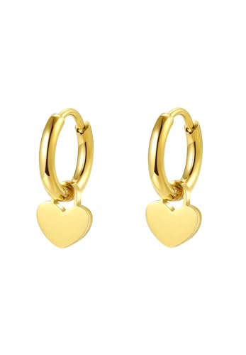 Happiness Boutique Damen Herz Huggie Ohrringe | Kleine Hoop Ohrringe mit Herzanhänger | Edelstahlohrringe in Gold – Roségold, Silber von Happiness Boutique