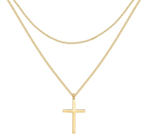 Happiness Boutique Damen Kreuz Kette in Goldfarbe | Zarte Mehrreihige Kette mit Kreuz Anhänger Edelstahlschmuck von Happiness Boutique