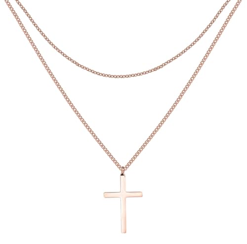 Happiness Boutique Damen Kreuz Kette in Rosegold | Zarte Mehrreihige Kette mit Kreuz Anhänger Edelstahlschmuck von Happiness Boutique